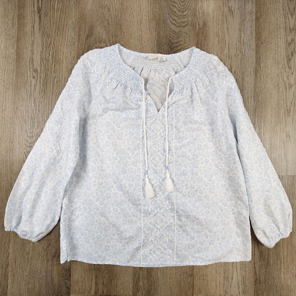 Light Blue Floral Peasant Blouse with Tassel Tie